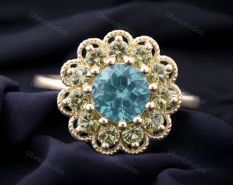 Vintage Aquamarine Floral Ring Art Deco Peridot Bridal Ring Unique Halo Wedding Ring Solid Gold Women Jewelry Birthday Promise Gift For Her