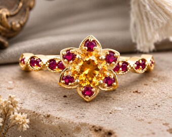 Round Citrine Engagement Ring, Garnet Floral Cluster Ring, Vintage Flower Ring, November Birthstone Jewelry, Unique Anniversary Gift for Her