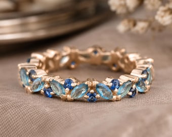 Aquamarine Blue Sapphire Ring, Marquise Gemstone Eternity Band, March Birthstone Ring, Blue Wedding Band, Anniversary Gift for Her
