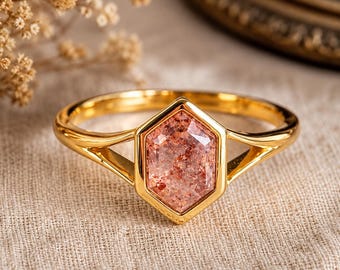 Strawberry Quartz Ring, Hexagon Bezel Set Engagement Ring, Red Gemstone Promise Ring, Unique Minimalist Jewelry, Anniversary Gift for Her