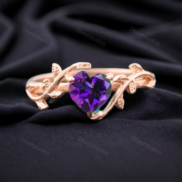 Heart Shaped Amethyst Twig Branch Ring Nature Inspired Bridal Ring Unique Solitaire Wedding Ring Art Deco Jewelry Rose Gold Plated Gift Ring