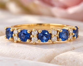 Round Cut Sapphire and Moissanite Ring, 14k Yellow Gold Art Deco Half Eternity Wedding Band, September Birthstone Anniversary Gift for Women