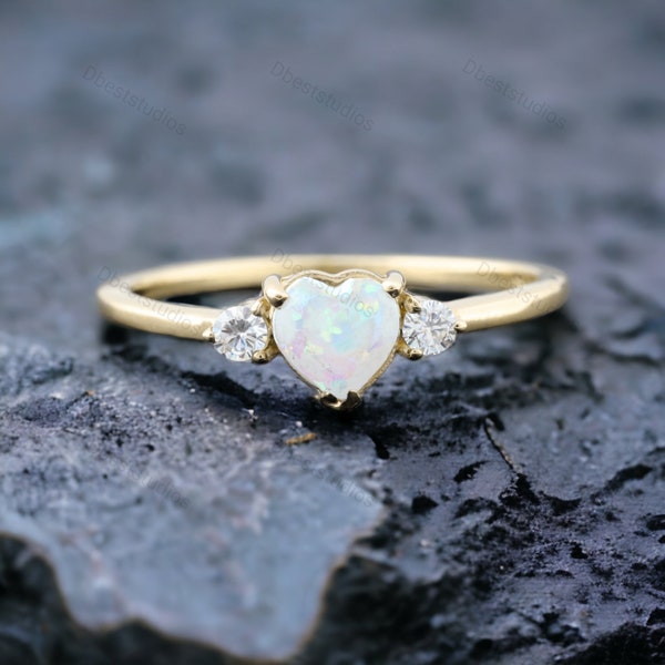Heart Delicate Opal Ring, Rings For Women, Bridesmaid Gold Gift Ring, Heart Shape Promise Ring, 18k Solid Gold Bridesmaid Engagement Ring