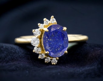 Natural Blue Lapis Lazuli Engagement Ring Yellow Gold Bridal Ring Half Halo Diamond Ring Art Deco Statement Ring Birthday Promise Gifts