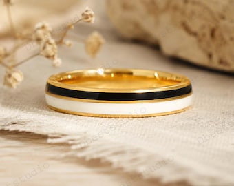 Black and White Enamel Ring, Minimalist Wedding Band, Gold Stacking Ring, Modern Promise Ring, Unisex Anniversary Band