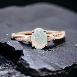 Oval Opal & Pearl Engagement Ring October Birthstone Bridal Ring Rose Gold Handmade Rings Art Deco Promise Ring Unique Stacking Rings