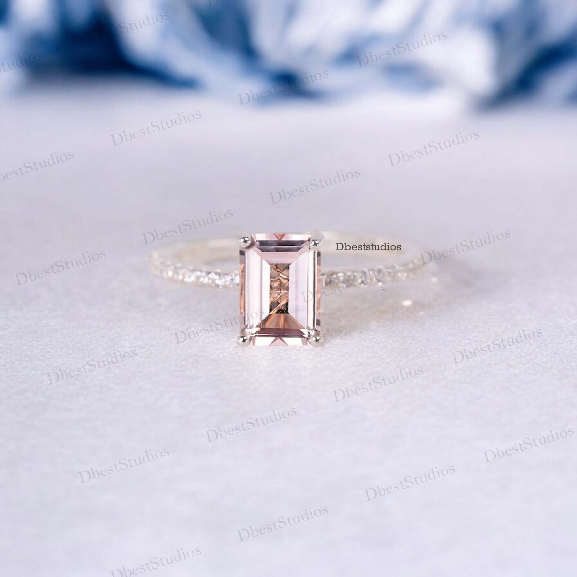Emerald Cut Morganite Bridal Ring, Hidden Halo Diamond Engagement Ring, Vintage Morganite Wedding Ring For Her, Champagne Gemstone Ring