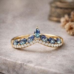 Marquise Shaped Alexandrite Wedding Band, Purple Gemstone Promise Band, Unique Diamond Curved V Matching Band, Christmas Gift For Daughter