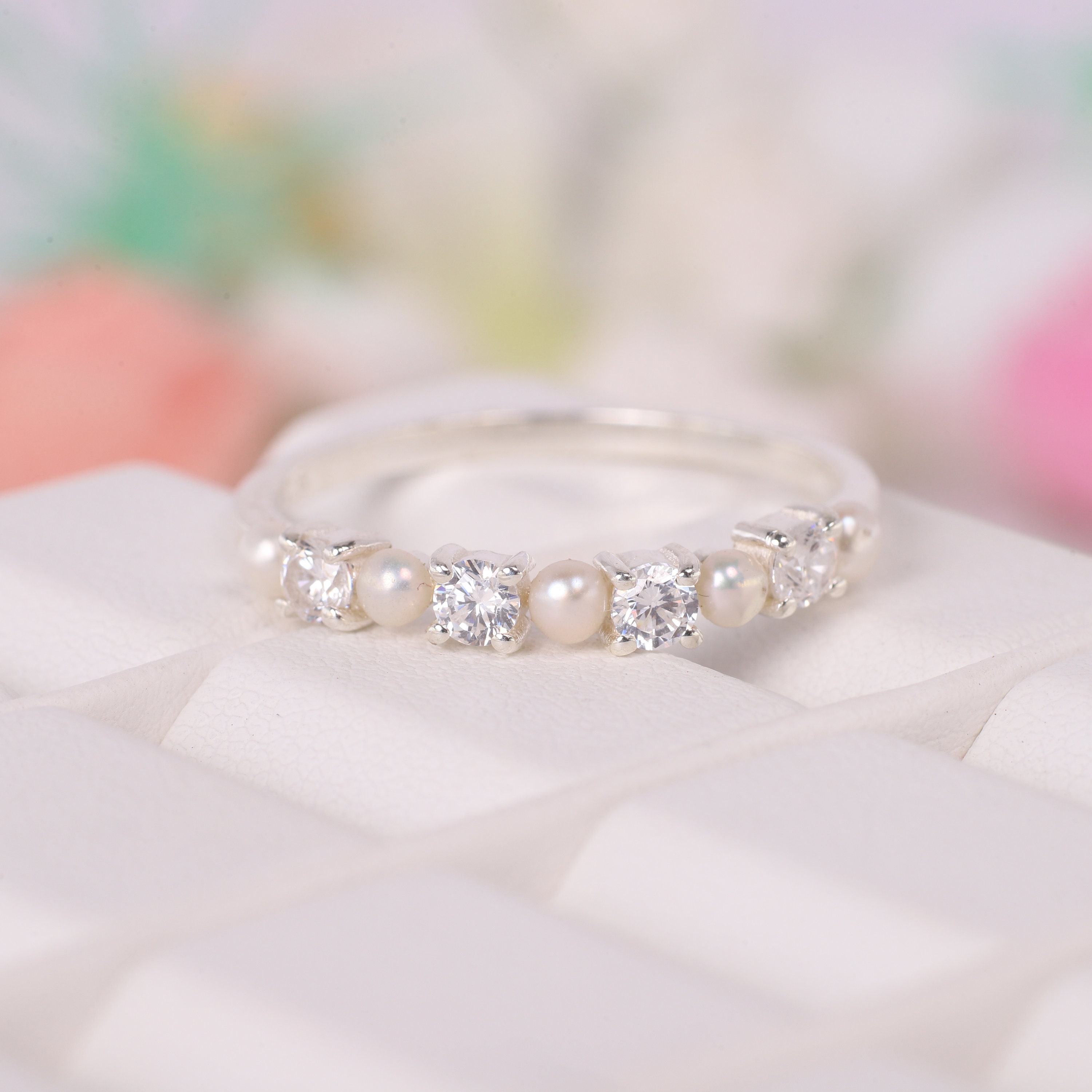 Pearl Diamond Wedding Band, Half Eternity Stacking Minimalist Jewelry Pearl Diamond Wedding Band, Half Eternity Stacking Minimalist Jewelry