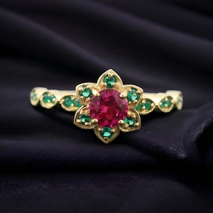 Floral Ruby Ring, Promise Anniversary Gift, Nature Inspired Art Deco Bridal Ring, 18k Yellow Gold Engagement Ring, Emerald Bridesmaid Ring