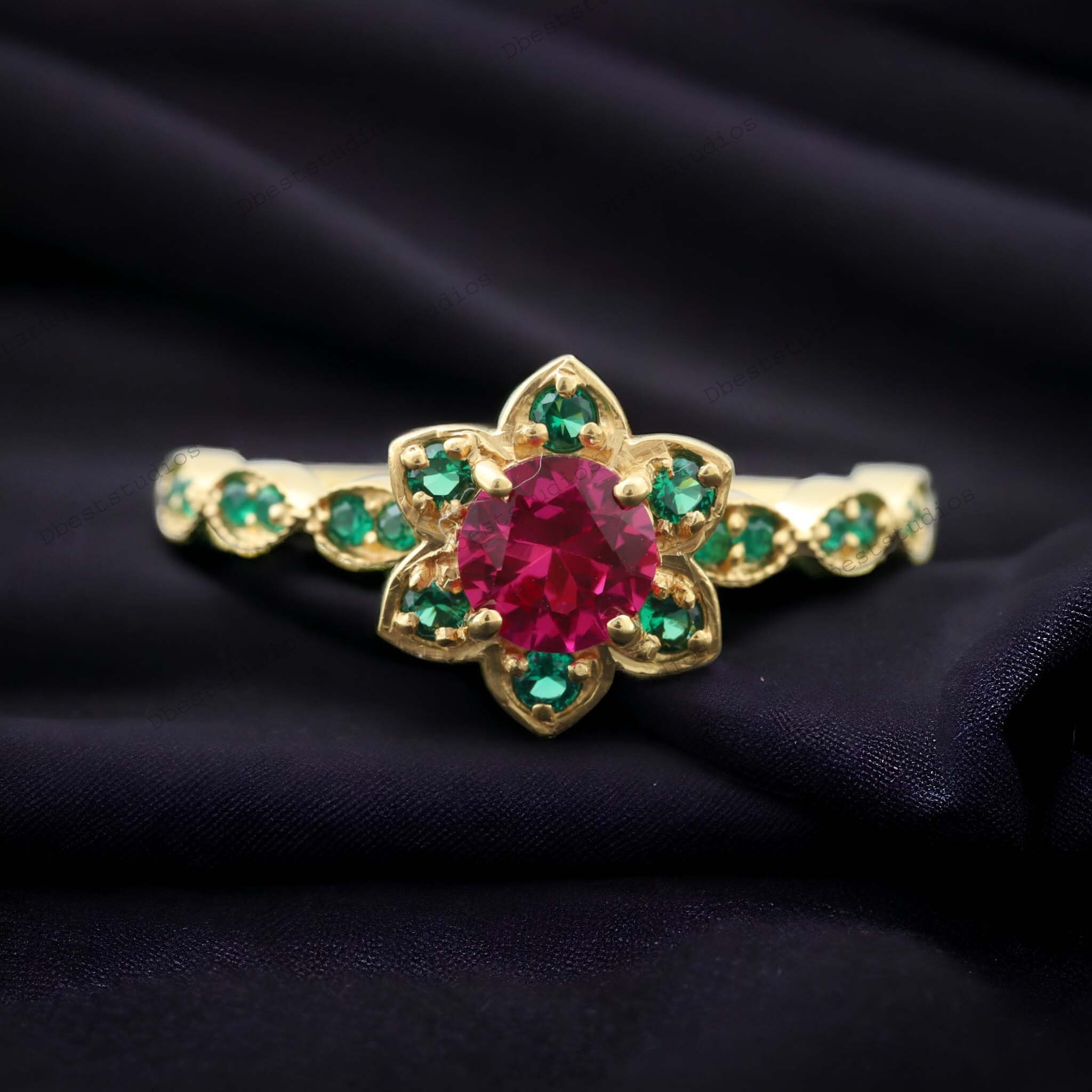 Floral Ruby Ring, Promise Anniversary Gift, Nature Inspired Art Deco Bridal Ring, 18k Yellow Gold Engagement Ring, Emerald Bridesmaid Ring