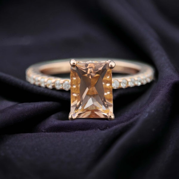Emerald Cut Morganite Bridal Ring, Hidden Halo Diamond Engagement Ring, Vintage Morganite Wedding Ring For Her, Champagne Gemstone Ring