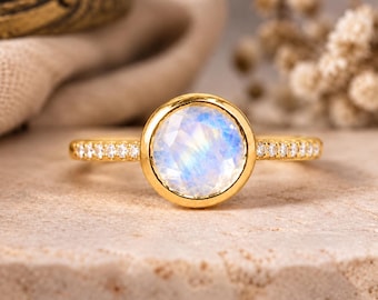 Round Moonstone Engagement Ring, Bezel Set Rainbow Moonstone Ring, Moissanite Promise Ring, Dainty Bridal Jewelry, Anniversary Gift for Her