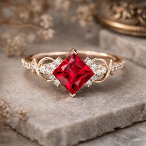 Princess Cut Ruby Engagement Ring, Unique Gold Diamond Bridal Ring, Twist Promise Ring For Her, Anniversary Stacking Ring Black Friday Sale