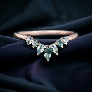 Natural Moss Agate Proposal Band Unique Curved Wedding Band Delicate Girl Matching Bridal Stackable Promise Band Rose Gold Plated Jewelry