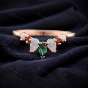 Marquise Emerald & Garnet Curved Matching Band, Opal Stacking Band, Multi Gemstone Birthday Gift, Delicate Band For Her, Unique Style Ring