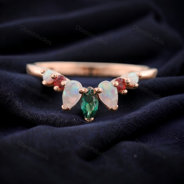 Marquise Emerald & Garnet Curved Matching Band, Opal Stacking Band, Multi Gemstone Birthday Gift, Delicate Band For Her, Unique Style Ring