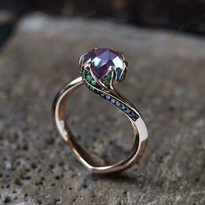 Alexandrite Engagement Ring Emerald Ring Color Change Alexandrite Ring Vintage Ring Rose Gold Alexandrite Ring Unique Ring Promise Ring