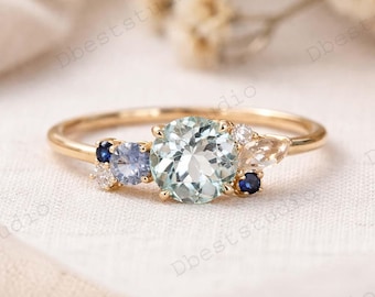 Anillo de racimo Anillo de compromiso de aguamarina Anillo de racimo de diamantes Anillo de compromiso de racimo de plata 925 para ella Anillo de zafiro y topacio azul con múltiples piedras