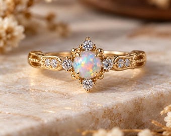 Round Opal Engagement Ring, Moissanite Cluster Ring, Vintage Inspired Bridal Jewelry, October Birthstone Ring, Dainty Promise Gift for Women