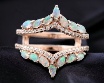 18K Rose Gold Opal Ring Enhancer Bridal Diamond Ring Guard Women Stackable Enhancer Band Statement Gift For Her Personalized Jacket Enhancer