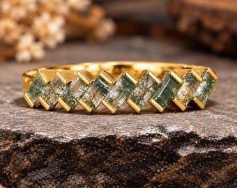 Baguette Cut Moss Agate Ring, 14k Yellow Gold Green Gemstone Wedding Band, Vintage Geometric Stacking Ring, Unique Anniversary Gift for Her