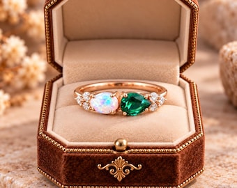 Opal and Emerald Wedding Ring, Women's Engagement Ring, Delicate Bridal Promise Ring, Birthday Gift For Wife May Birthstone Customized Ring