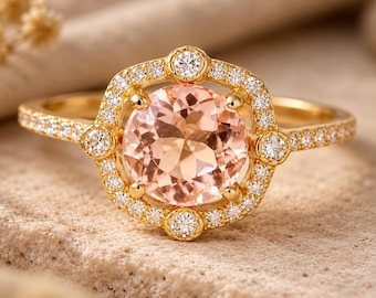 Round Morganite Engagement Ring, Moissanite Halo Ring, Peach Pink Gemstone Wedding Ring, Vintage Bridal Jewelry, Anniversary Gift for Her