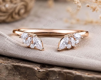 Delicate Open Gap Moissanite Wedding Band Antique Women Adjustable Ring Unique Curved Stacking Matching Band Handmade Jewelry Promise Gift