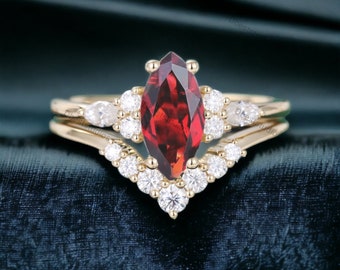 Marquise Cut Garnet Wedding Ring Set Red Garnet Gemstone Ring Set Art Deco Diamond Bridal Band Handmade Jewelry Birthday Gift For Daughter