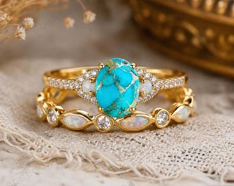 Vintage Turquoise Anniversary Ring Set Fire Opal Bridal Wedding Band, Women Stacking Ring Set, Rose Gold Jewelry Delicate Matching Gift Band