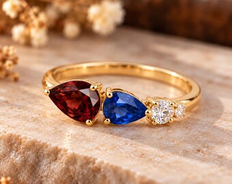 Garnet and Blue Sapphire Toi et Moi Ring, Pear Cut Two Stone Engagement Ring, Diamond Accent Ring, Unique Jewelry Anniversary Gift for Her