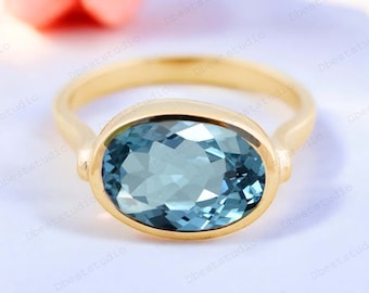 Blue Aquamarine Bridal Promise Ring Oval Cut Sky Blue Gemstone Ring Yellow Gold Wedding Ring Delicate Statement Gift Anniversary Jewelry