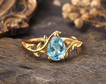Pear Cut Aquamarine Ring, Gold Leaf Vine Ring, Nature Inspired Engagement Ring, March Birthstone Gift For Her Unique Botanical Promise Ring