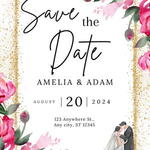 Elegant Pink & White Floral Wedding Save the Date with Gold Accents - Printable Wedding Invite Template