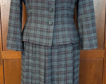 Vintage 1960's J.L. Hudson Plaid Wool Suit, Fitted Jacket with Velvet Collar, Skirt with Small Box Pleats