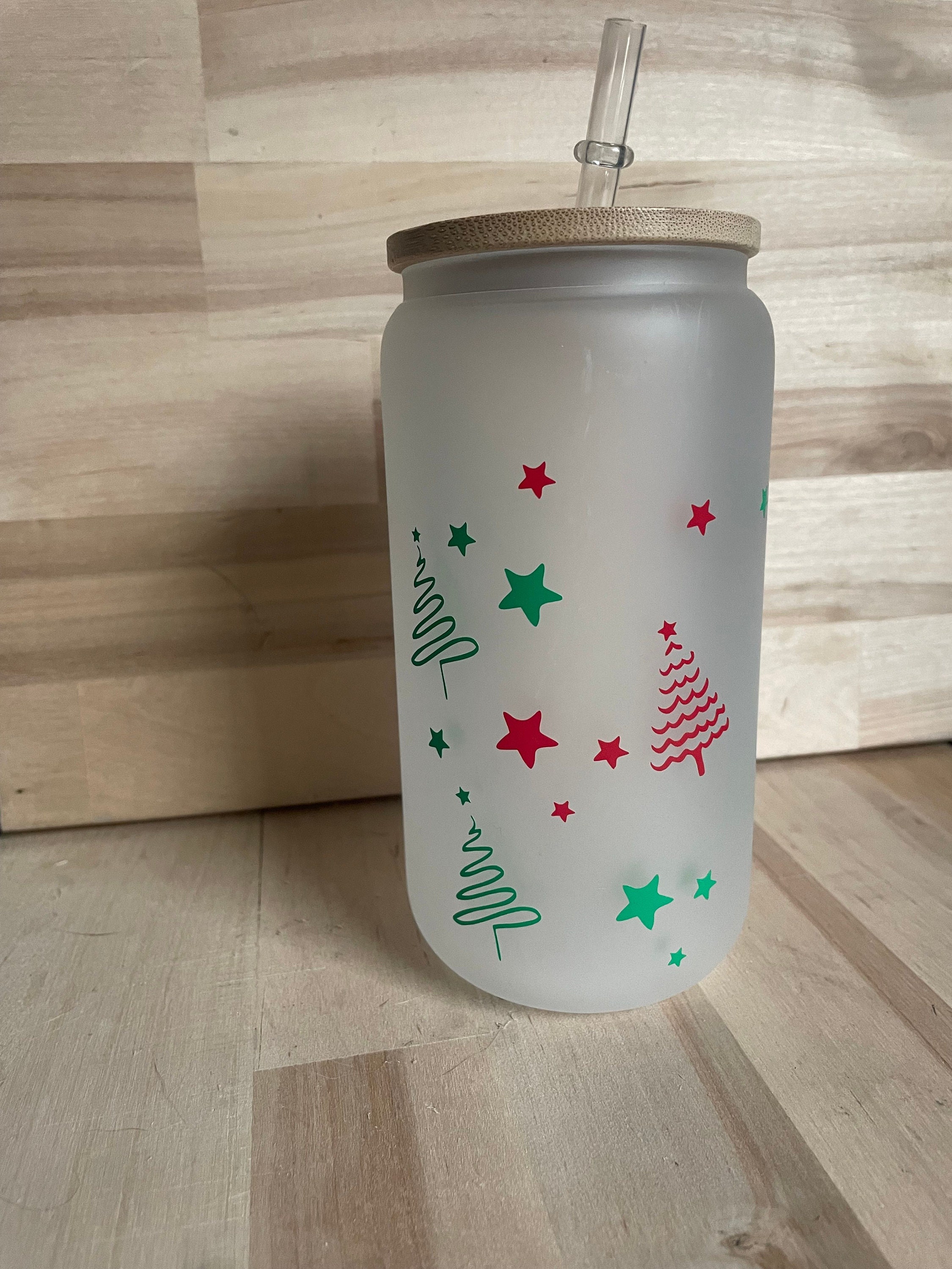 Christmas Tree Doodles Glass Cup with Bamboo Lid