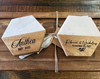 Personalized MARBLE and WOOD COASTERS Wedding Gifts, New Home Gift, Newly Wed Gift, Wedding Favor, Realtor Gift, Personalized Gift