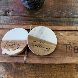 Personalized MARBLE and WOOD COASTERS Wedding Gifts, New Home Gift, Newly Wed Gift, Wedding Favor, Realtor Gift, Personalized Gift