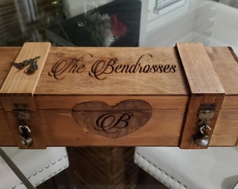 Personalized Wooden Heart Wine Box w/ key Locks * Wedding Wine Gift *  Liquor gift box * Housewarming Birthday Gifts* Lasting Keepsakes*