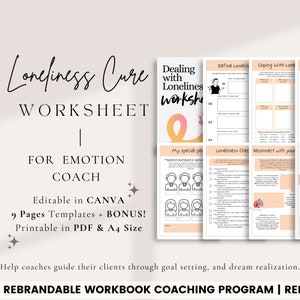 Könnte beinhalten: Ein druckbares Arbeitsblatt für einen Emotionscoach mit dem Titel "Loneliness Cure Worksheet". Das Arbeitsblatt soll Menschen helfen, mit Einsamkeit umzugehen und enthält Abschnitte zur Definition von Einsamkeit, zum Umgang mit Einsamkeit und zur Wiederherstellung von Verbindungen zu anderen. Das Arbeitsblatt ist in Canva bearbeitbar und in PDF und A4-Format druckbar.