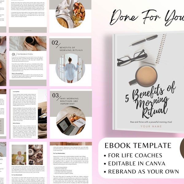 Ebook Template Canva | 5 Benefits of Morning Ritual Book Motivation Canva Template | PLR Ebook | Content For Life & Spiritual Coaches