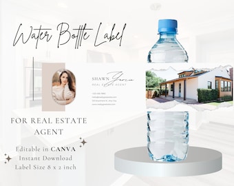 May include: Editable water bottle label template for real estate agents. The label features a photo of a house and a headshot of a woman. The text on the label reads "SHAWN Garcia REAL ESTATE AGENT" and includes contact information. The label is 8 inches by 2 inches and can be edited in Canva.