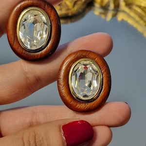 YSL- Vintage clip-on earrings, wood and rhinestones