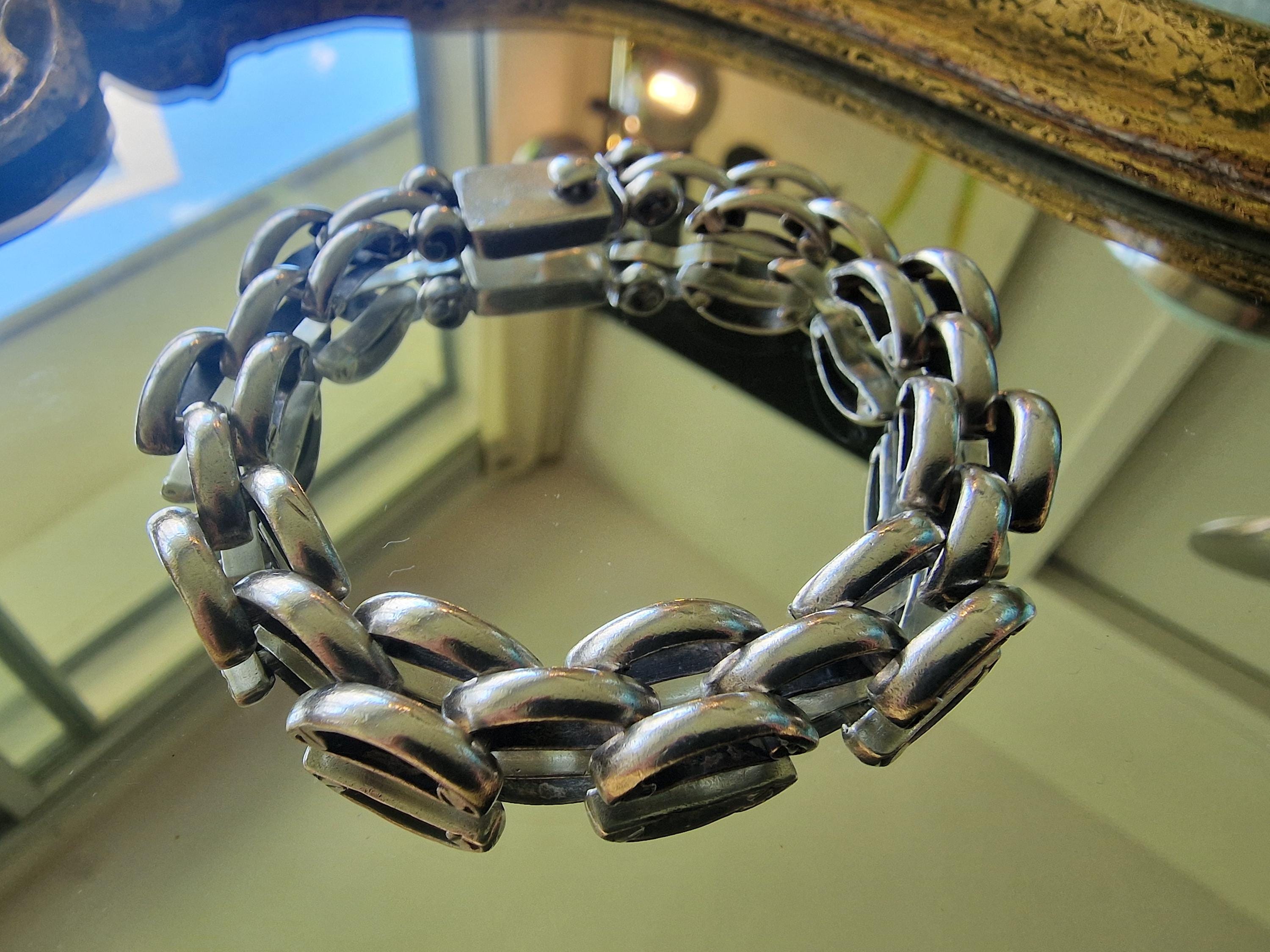 Bracelet Gourmette Ancien En Argent Massif 925 - Maille Tank Style Art Nouveau, Occasion