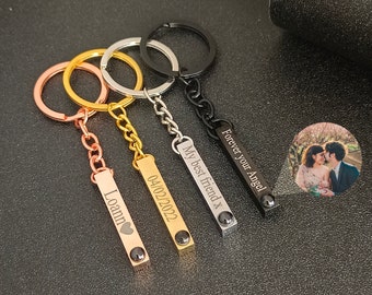 May include: Four personalized keychains with different engraved messages. The keychains are made of metal and have a black, silver, gold, and rose gold finish. The messages on the keychains are "Forever your Angel", "My best friend x", "04/02/2022", and "Loann".