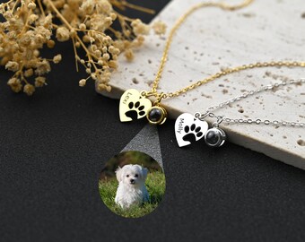 Personalized Photo Projection Necklace • Custom Paw Necklace • Pet Paw Print Name Necklace • Pet Memorial Gifts • Gift For Her
