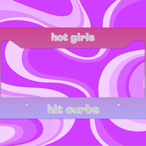 May include: A pink and blue license plate frame with the text "hot girls hit curbs" in silver glitter lettering.