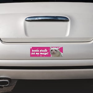 Peut inclure: Autocollant de pare-chocs rectangulaire rose avec le texte "bestie please let me merge!" et une image de chat qui pleure. Le sticker est orn&eacute; de petits coeurs.