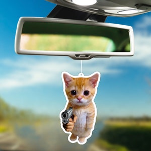 El Gato Cat With Gun Funny Gift Hanging Air Freshener for Car Decor